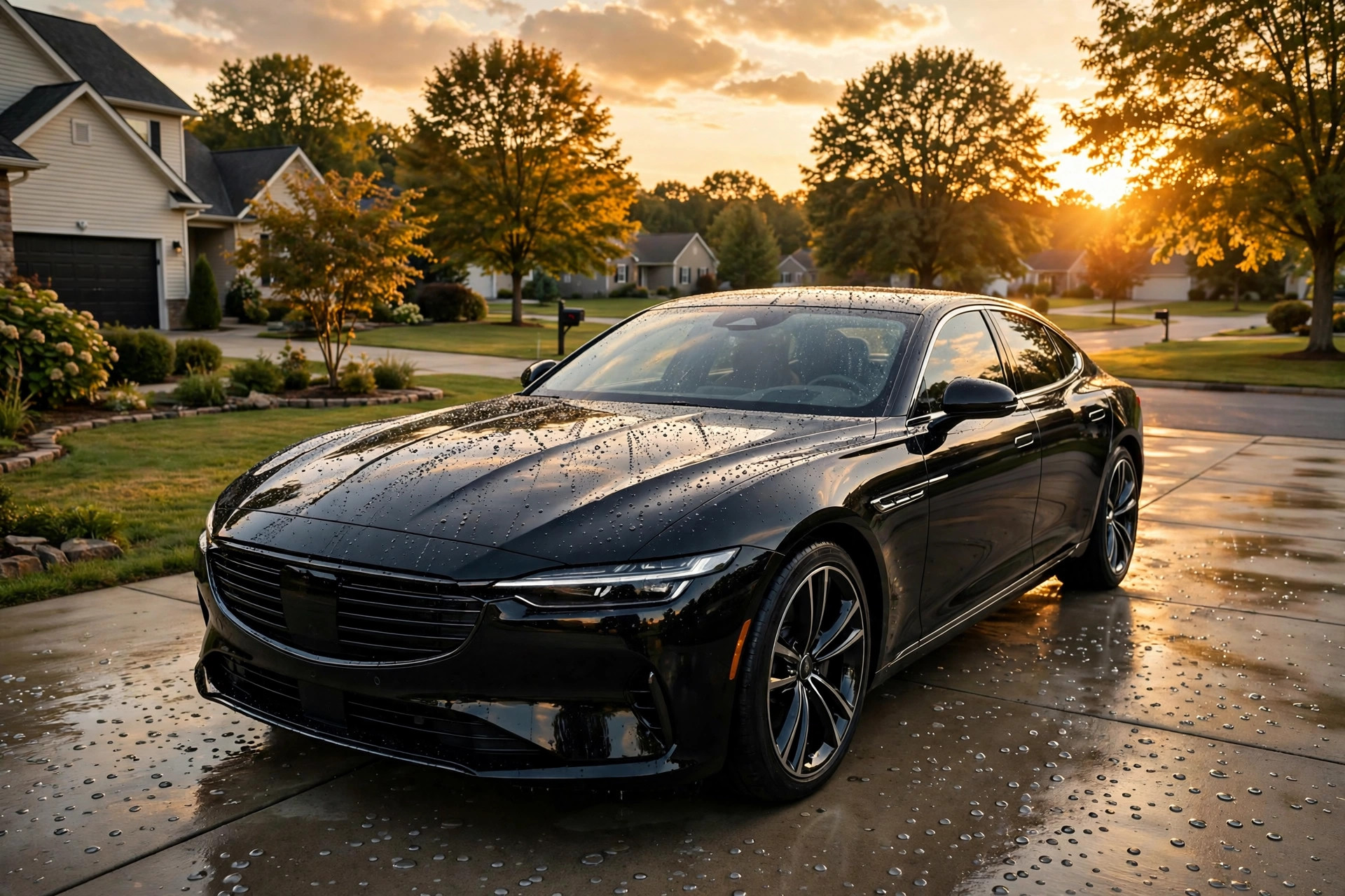 Luxury bundle — black sedan at golden hour