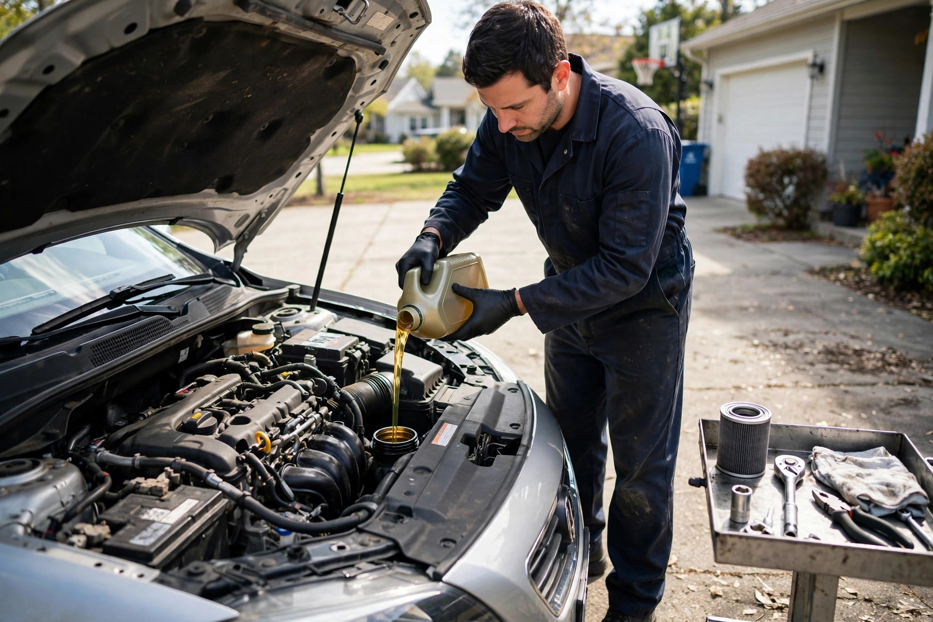 Oil change — fresh oil being poured